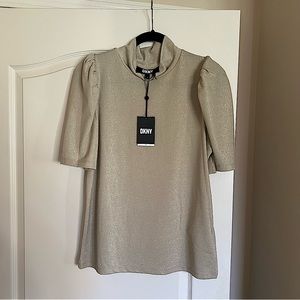 DKNY Women’s Mock Neck Puff Sleeve Knit Metallic Gold Top